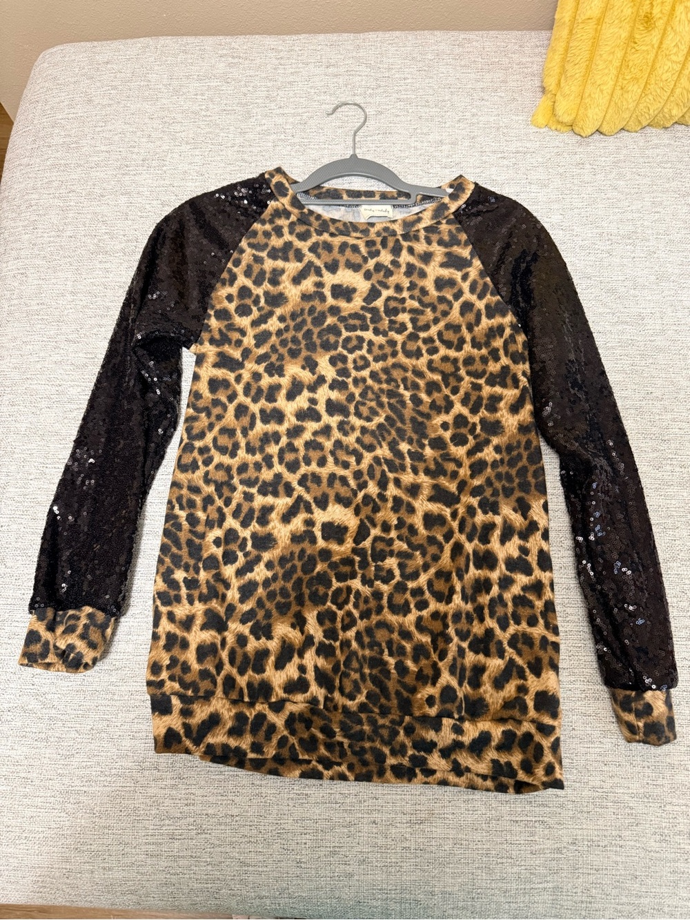 Leopard Print Raglan Top with Black Sequin Sleeves